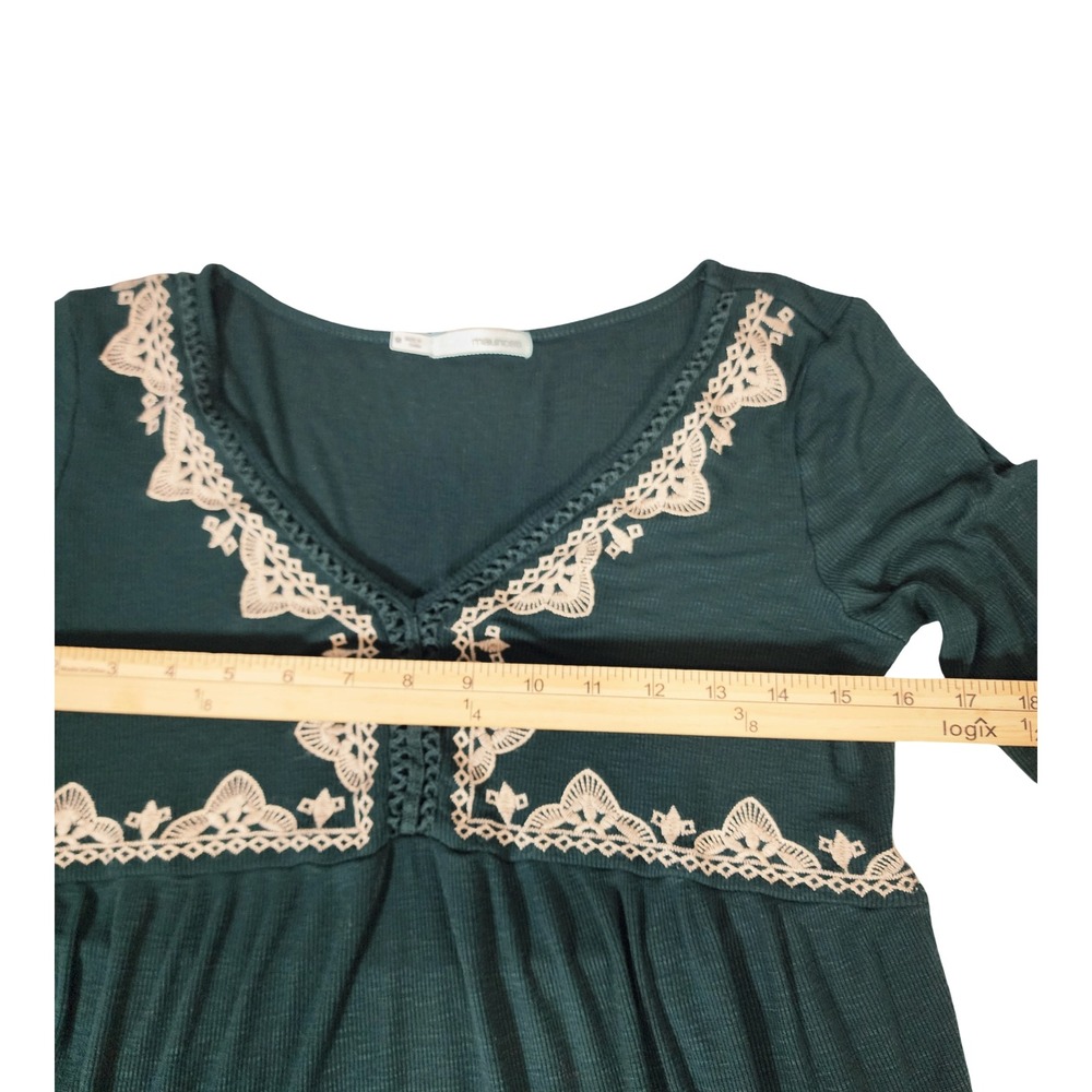 Maurices Womens Forest Green Ribbed Babydoll Top Long Sleeve Crochet Lace M - Picture 6 of 9
